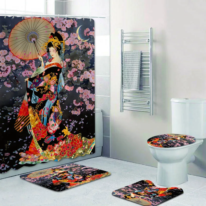 

Japanese Geisha Girl Under Moonlight Shower Curtain and Rug Set Oriental Japanese Art Bath Curtains for Bathroom Mats Home Decor