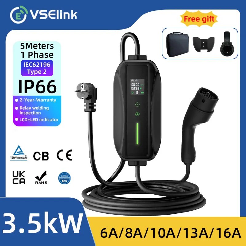 EVSELink Portable EV Charger Type2 3.5KW 16A 1 Phase Adjustable Current Smart Timing Charging for Home & Outdoor Use