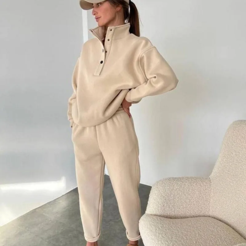 Women Long Sleeve Turtleneck Pullover Sweatshirt High Waist Pocket Straight-Leg Pants Suit 2023 Autumn Solid Color Two-Piece Set