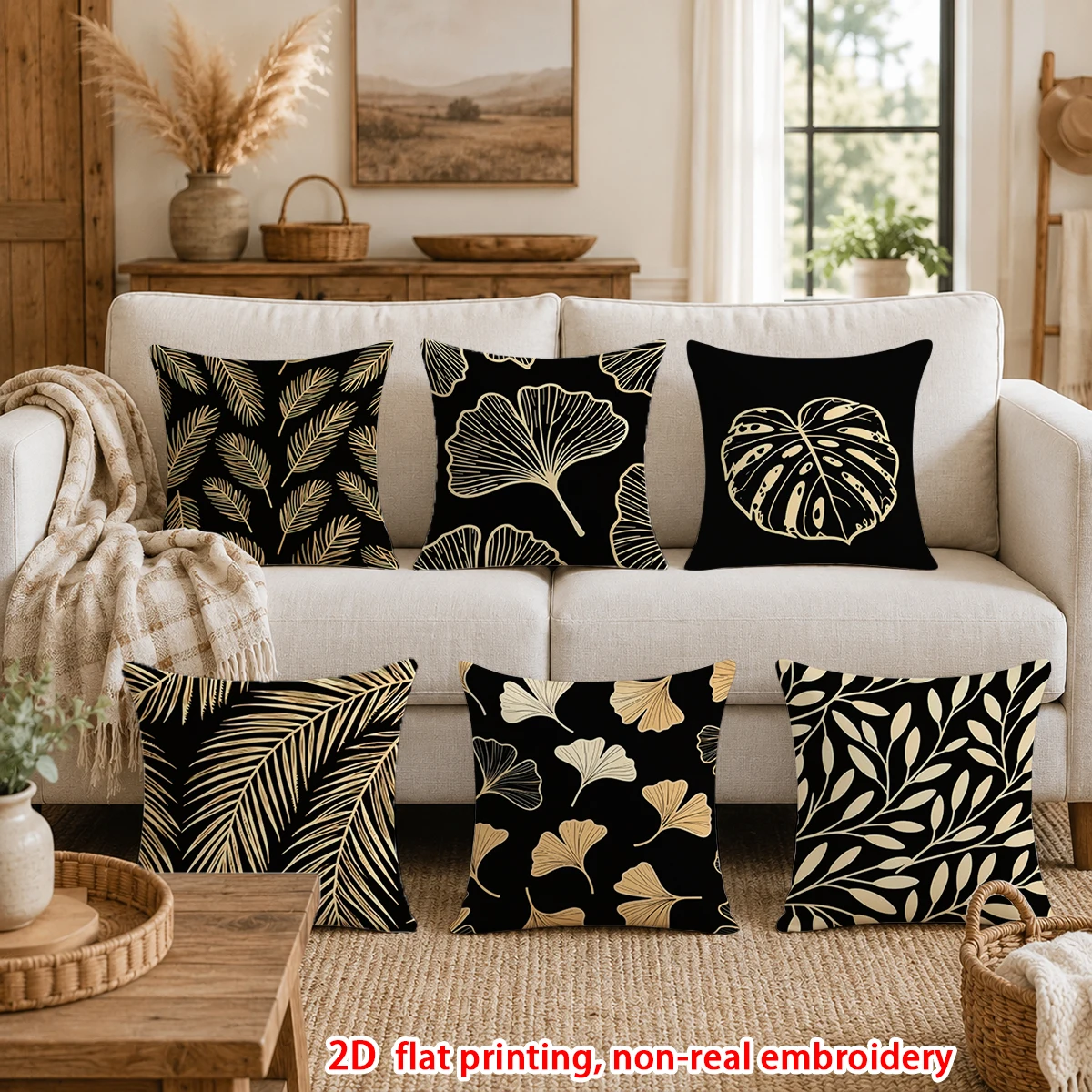 6pcs  Set of 6 Black Gold Tropical Leaf Throw Pillow Covers Modern Decorative Cushion Cases for Sofa Bedroom Living Room