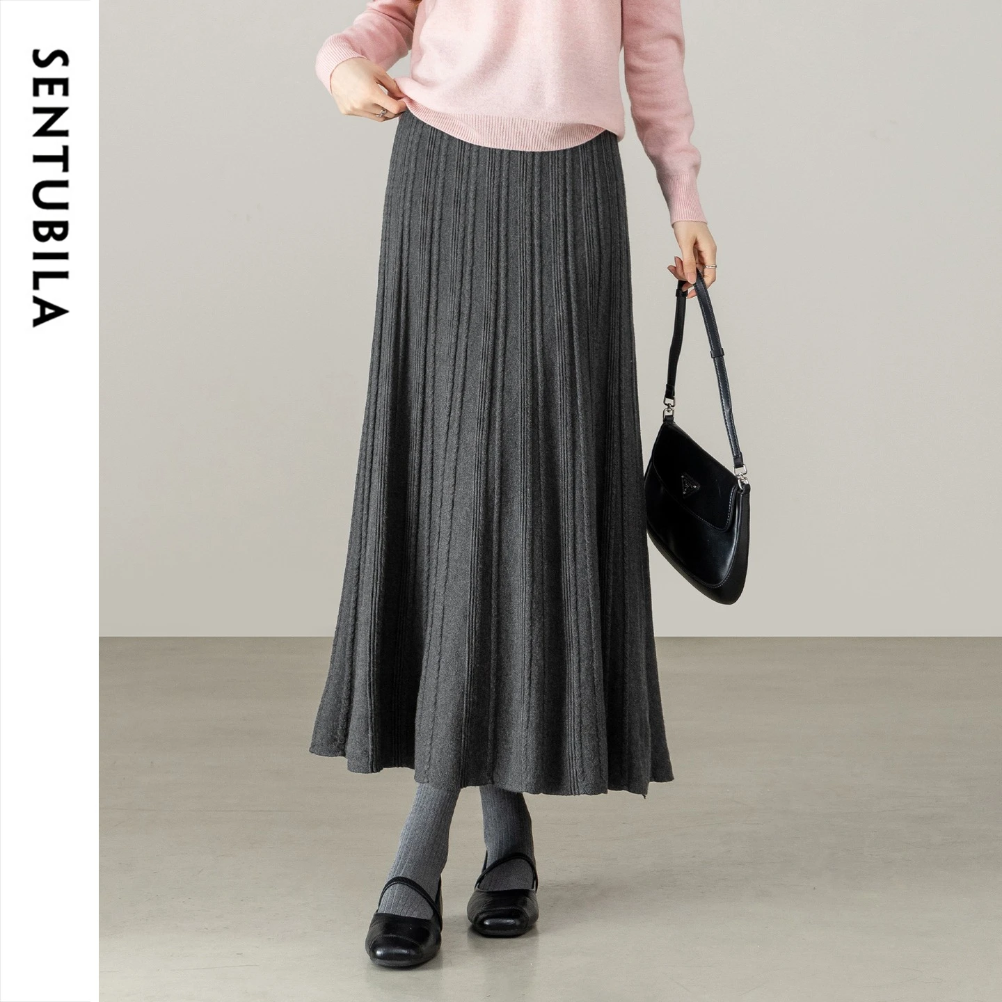 SENTUBILA Thousand Pleats Skirt Women's Elegant Winter Elegant 2026 Long A Line Elastic Waist Twisted Texture Skirt W64QM8526