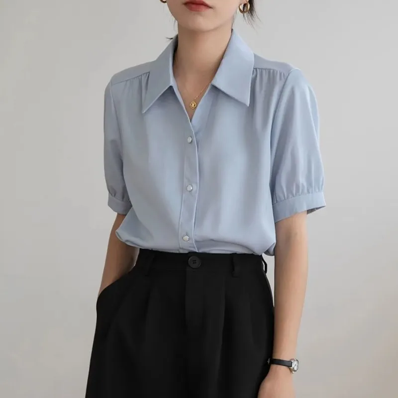 

Women's Light Blue Chiffon Puff Sleeve Shirt Summer Professional Office Blouse Interview Formal Top