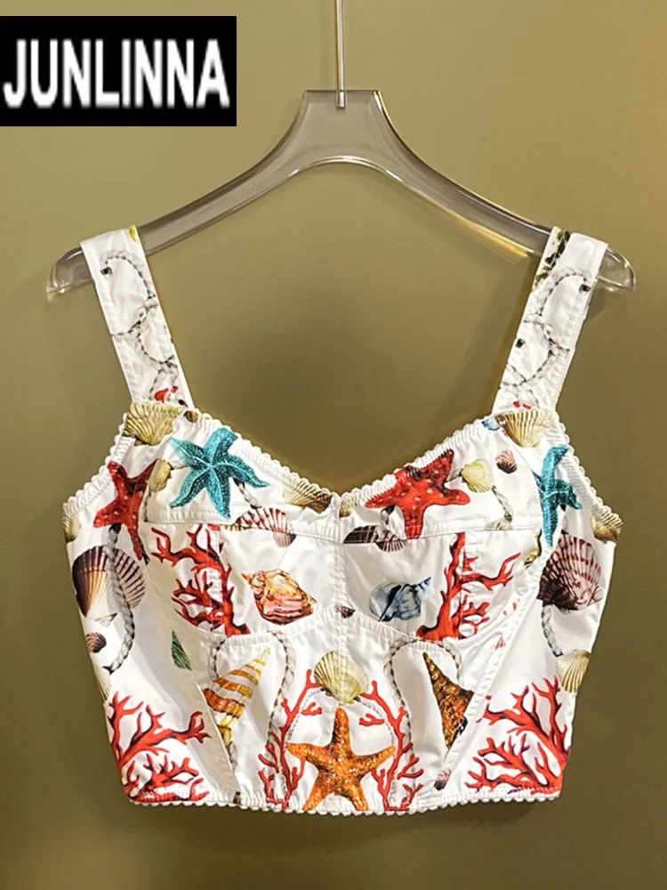 JUNLINNA Fashion Summer Women Camisole 100% Cotton Printing Spaghetti Strap Beach Holiday Sexy Top Street Laptops