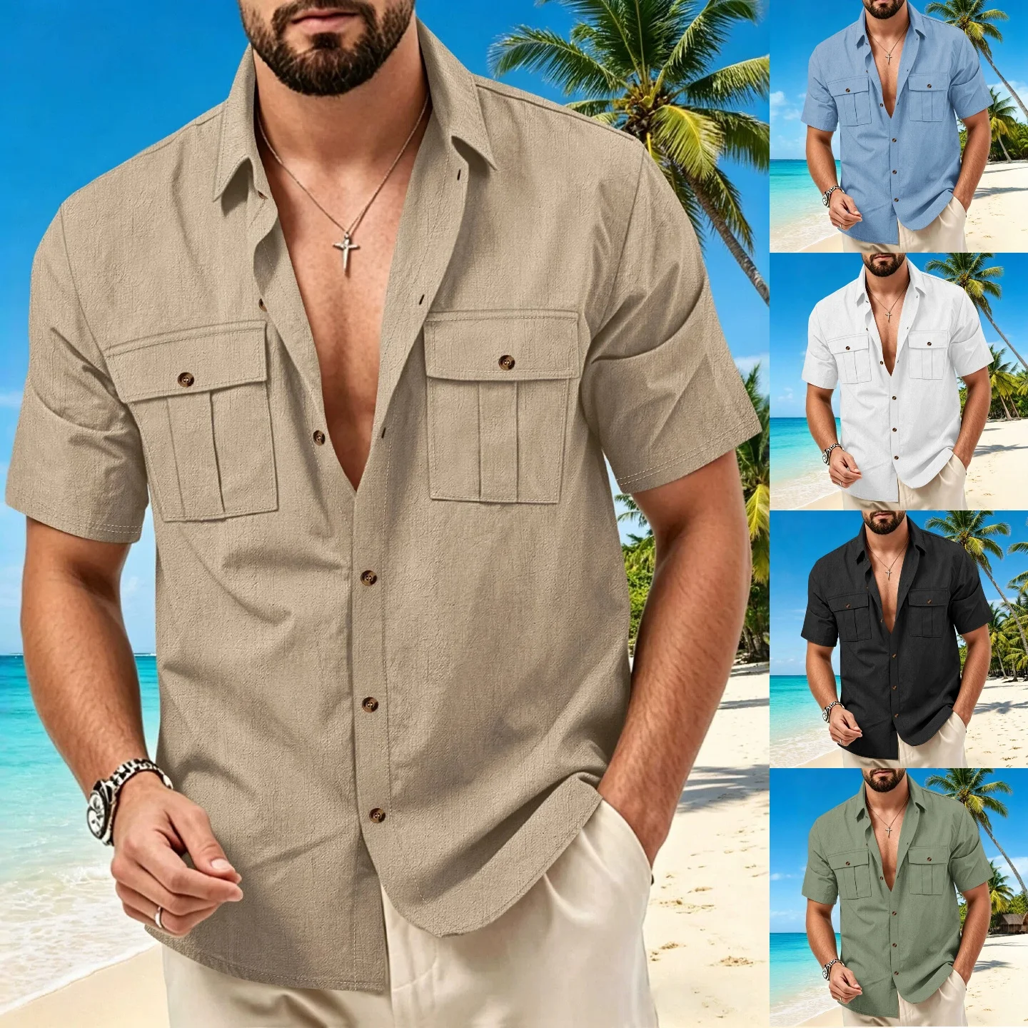 

Summer new style linen men's solid-color double-pocket workwear breathable loose-fitting comfortable beach short-sleeved shirt.