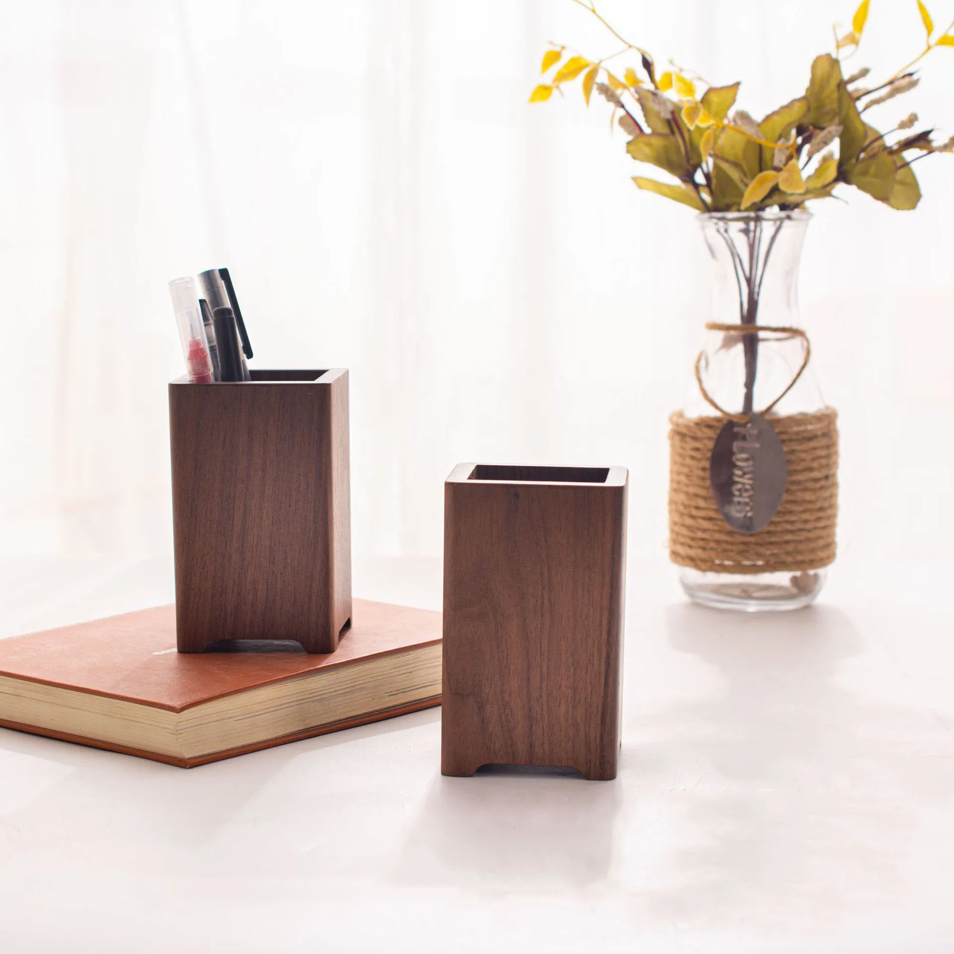 Solid Wood Pencil Holder, Desk Storage, Light, Luxury, Minimalist, Stationery Box, Black Walnut