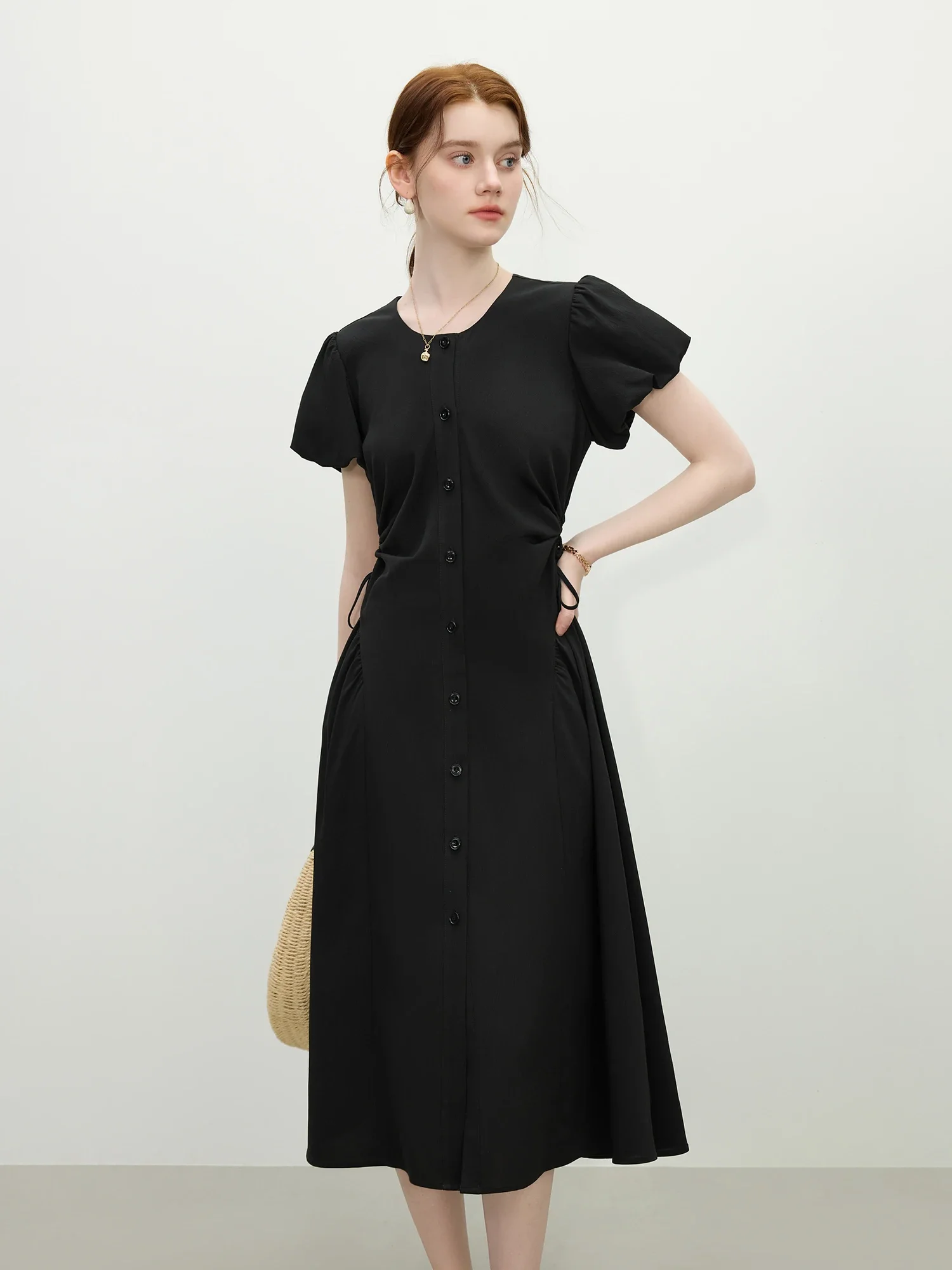 

FSLE Black Round Neck Bubble Sleeve Dress 2025 Summer Waist-Cutout Elegant Slim Fit Stretch Fabric Office Party Chic 25FS12284