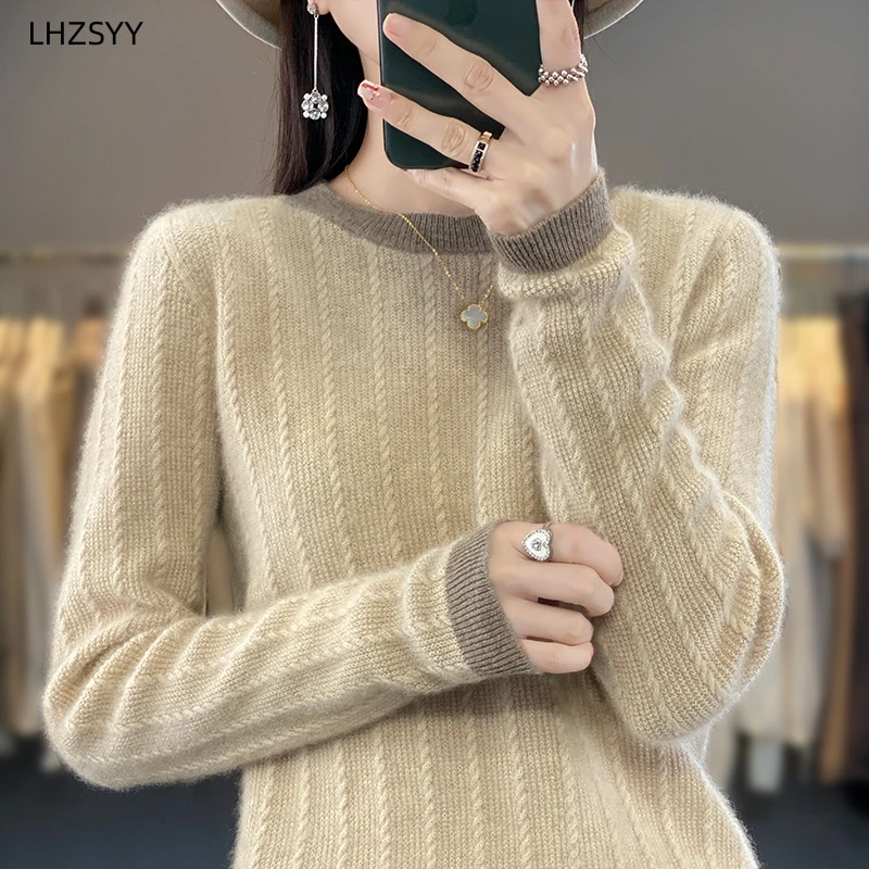 LHZSYY 100% Pure Wool Sweater Women\'s O-Neck Jumper Autumn Winter New Long Sleeve Large Size Tops Color Knit Cashmere Base Shirt