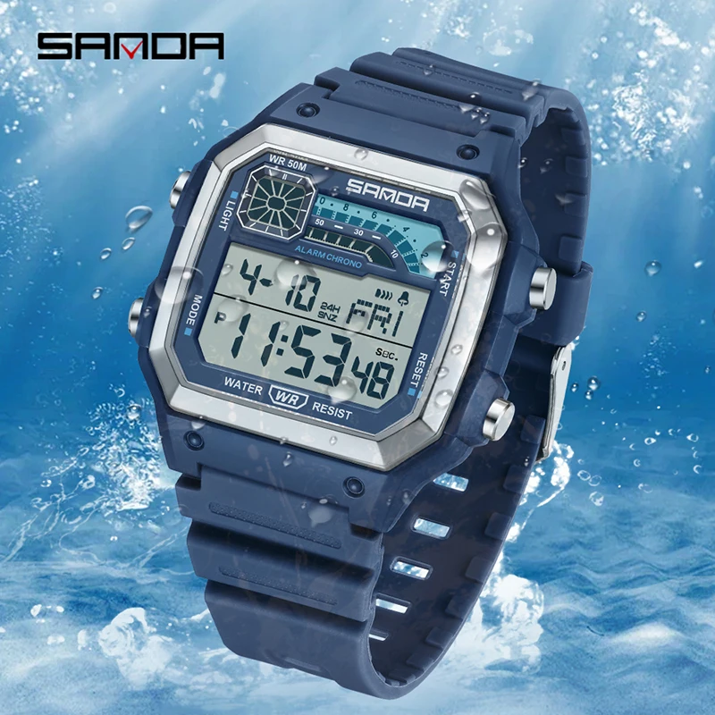 SANDA Casual Sports Men's Watch Lightweight Square Classic Fashion LED Electronic Night Glow Waterproof Men's Watches