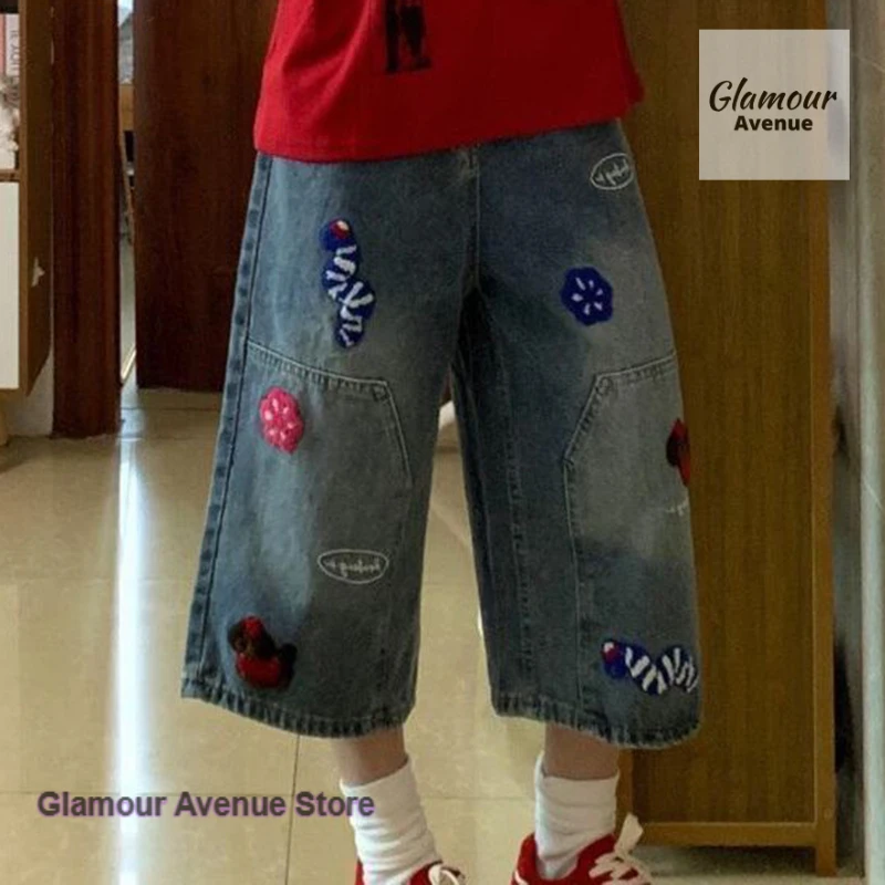 

American retro fashion patch plus size wide-leg denim cropped trousers spring and autumn new embroidered casual straight pants.