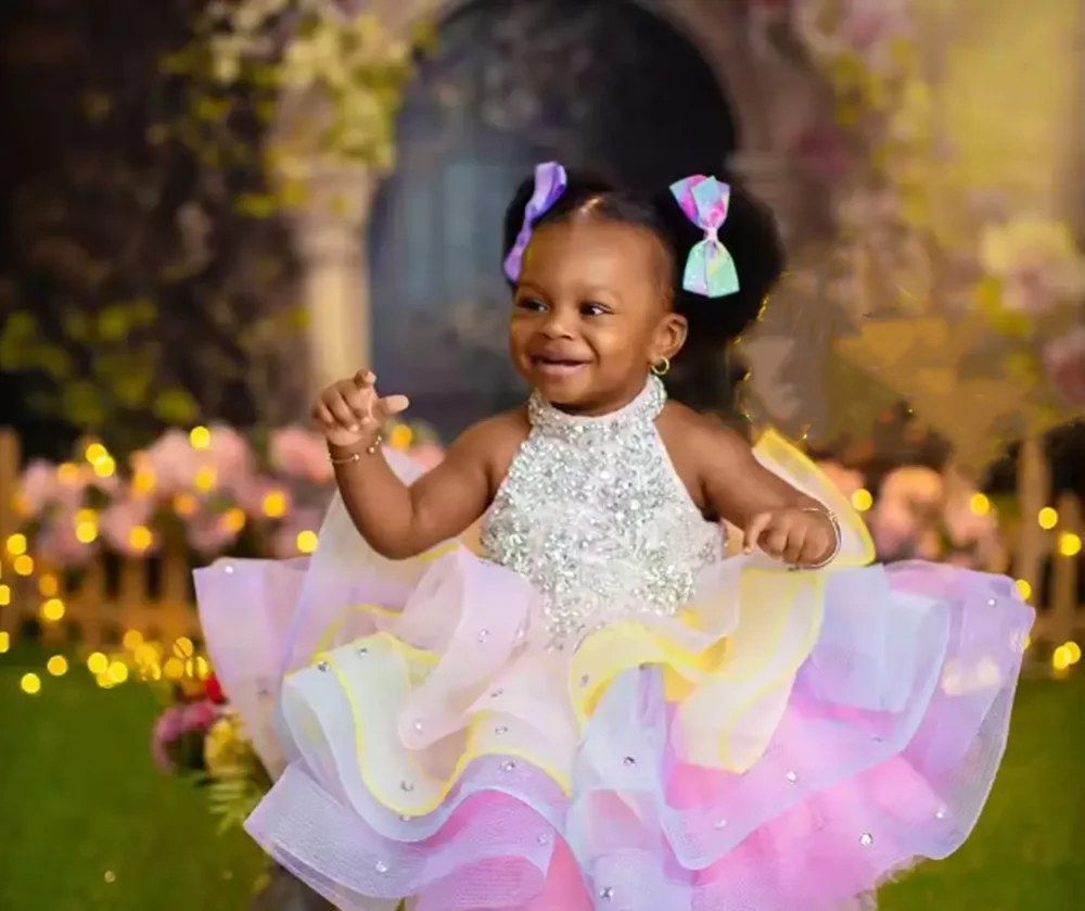 

Роскошные платья с цветочным узором для девочек по индивидуальному заказу на свадьбу, пышное платье длиной до колена с кристаллами, милое бальное платье для фотосессии на день рождения для малышей