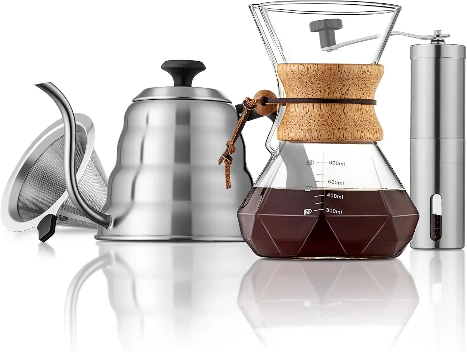

Pour Over Coffee Maker Set – 40oz Gooseneck Kettle with Thermometer, Coffee Grinder & 20oz Drip Coffee Maker – Stainless Steel P