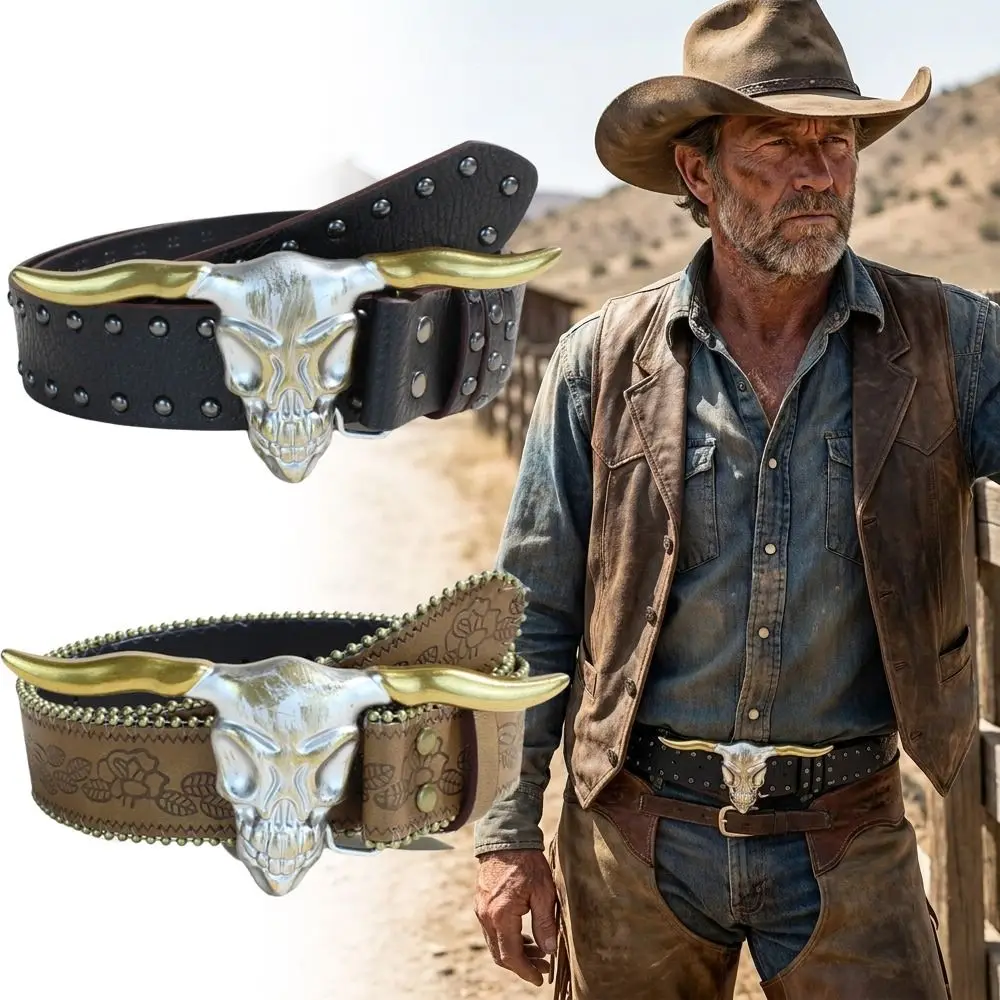Western Bull Skull Buckle Leather Belt 3.8cm Wide Luxury Design Rivet Embossed Belt Trendy Brand Studded Waist Strap