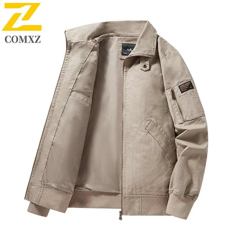 

COMXZ Men Cotton Jacket Casual Stand Collar American Style Windproof Coat Camping Lightweight Autumn Motorcycle Jackets
