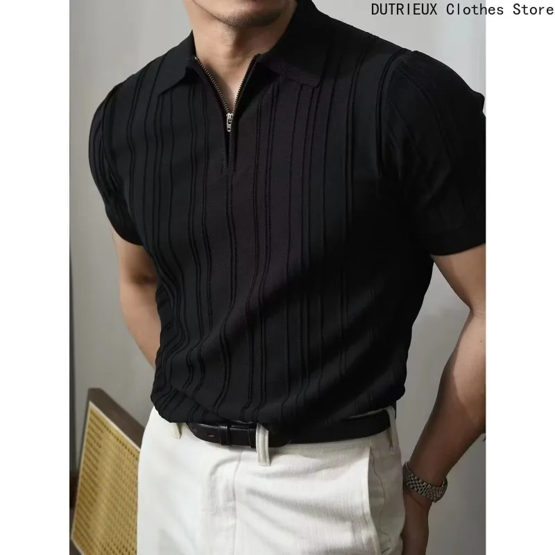 

Striped Knitted Short-sleeved Shirt, 【2025 Summer Light Luxury Men's Wear 】 Men's Zippered Polo Shirt, Retro Business Casual Top
