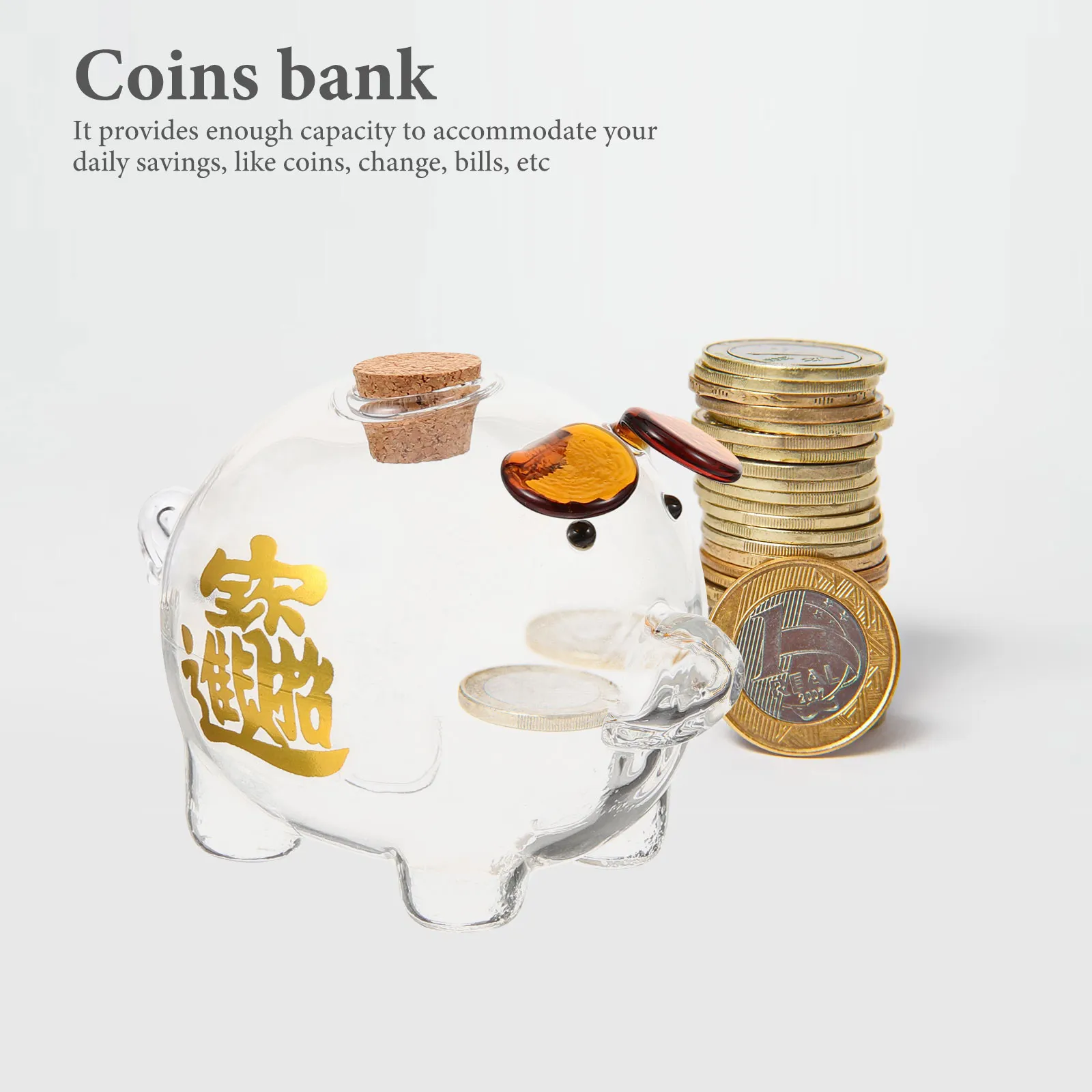 Transparent Glass Piggy Bank Pig Shaped Coin Bank for Money Cash Coins Bills Storage Household Room Office Study Decor