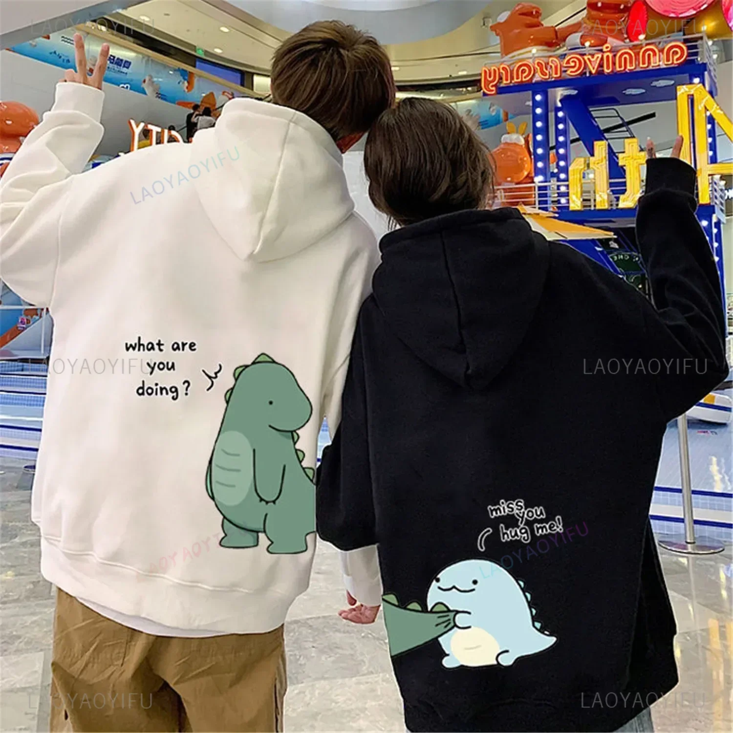 Pareja jersey de dinosaurio Punk coreano estampado de dibujos animados Sudadera con capucha mujeres hombres Kawaii Anime sudadera estética Otoño