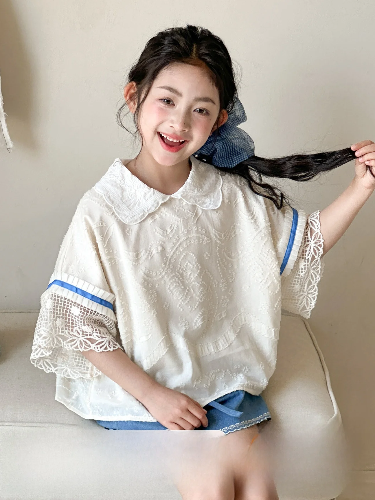 summer-doll-shirt-for-girls-children's-clothing-gentle-style-five-quarter-sleeve-breathable-skin-friendly-loose-fit