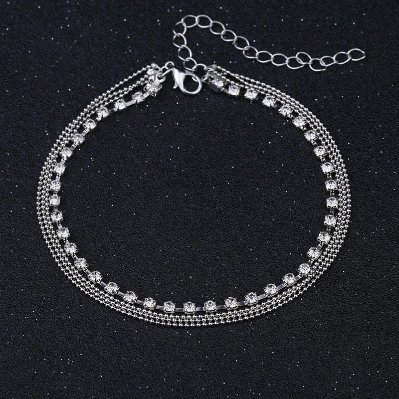Silver Color Crystal Zircon 3 Rows Beads Anklet for Women New Fashion Chain Multilayer Rhinestones Foot Crystal Jewelry