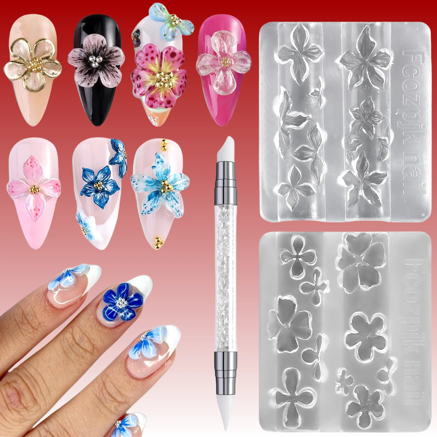 1set 3D Hibiscus Flower Nail Molds Transparent Silicone Cherry Blossom Molds Carving Template Classic Floral Nail Art Mold Tools