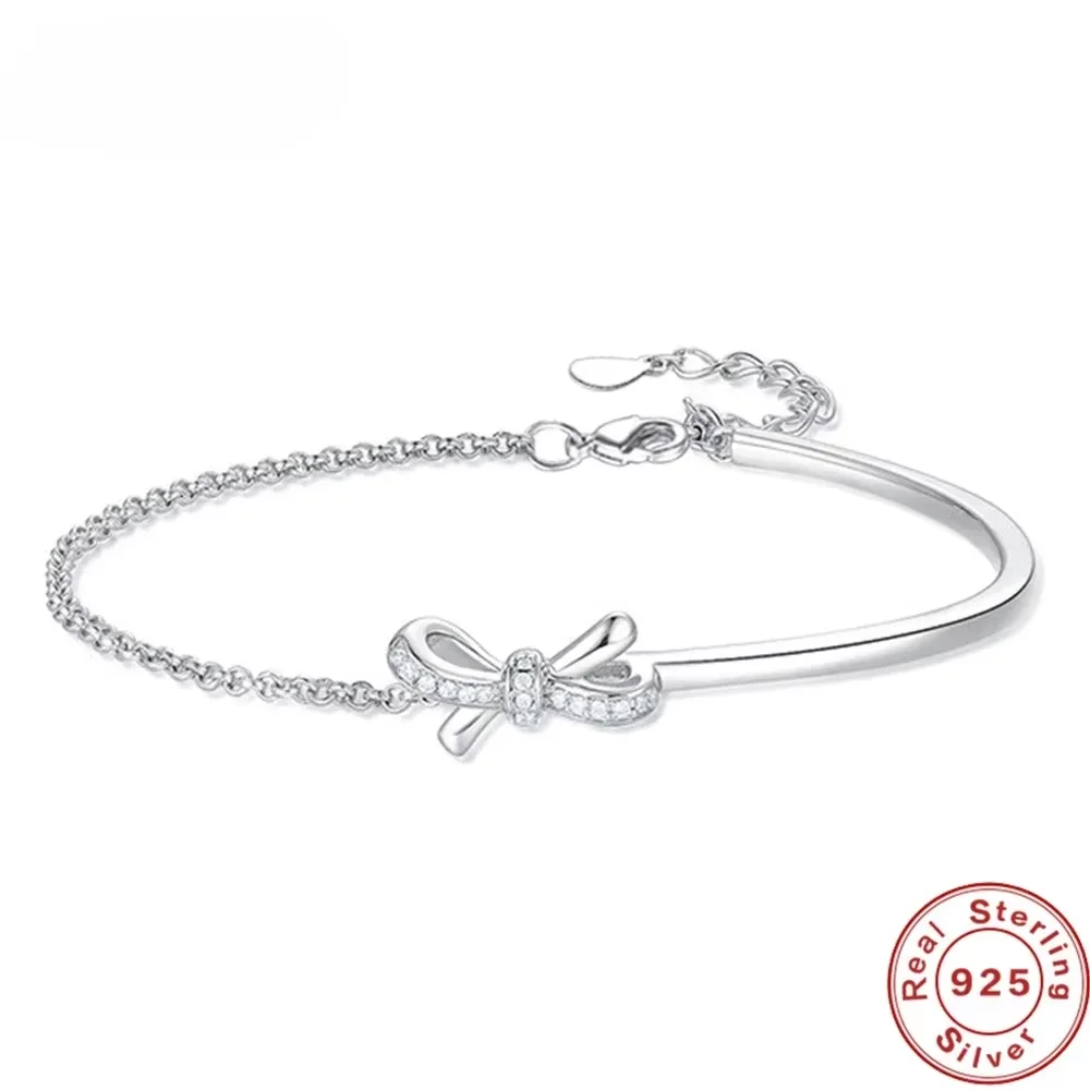 

S925 Sterling Silver Bracelet Bow Design Sense Of Advanced Semi-circle Light Luxury Diamond Mosaic Lovely Women Jewelry Gift