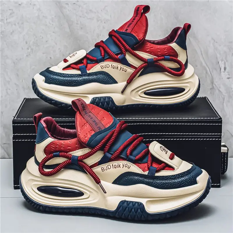 جديد فاخر صافي الأحمر الرجال سميكة القاع عادية جلدية الوجه طالب أحذية رياضية TikTok البث المباشر أحذية رجالي