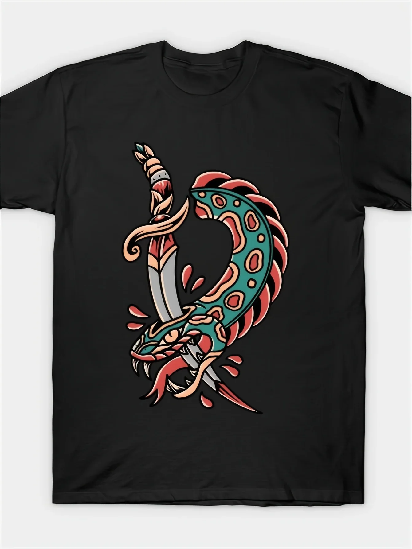 New A Men'S Snake Tattoo Pattern T-Shirt - Black Casual Short-Sleeve Round Neck, Featuring Vibrant Green And Red Artistic Prints
