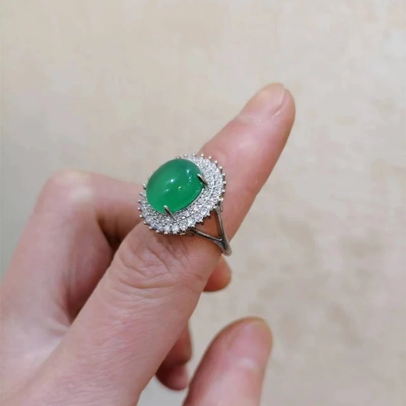 

Natural Green Chalcedony Hand-carved Ring Fashion Boutique Jewelry Women 925 Silver Inlaid Agate Ring Opening Adjustable