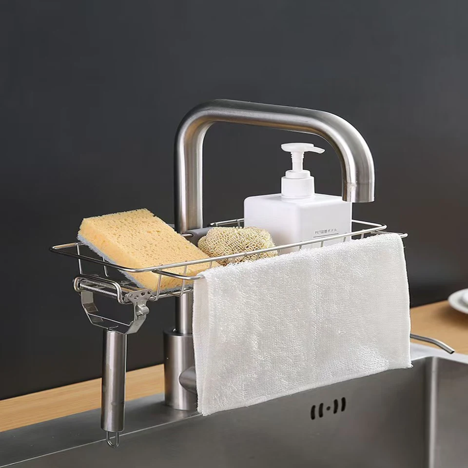 Stainless Steel Sink Storage Rack Kitchen Faucet Shelves Household Sponge Dishcloths Drain Shelf Hollow Out Hanging Baskets