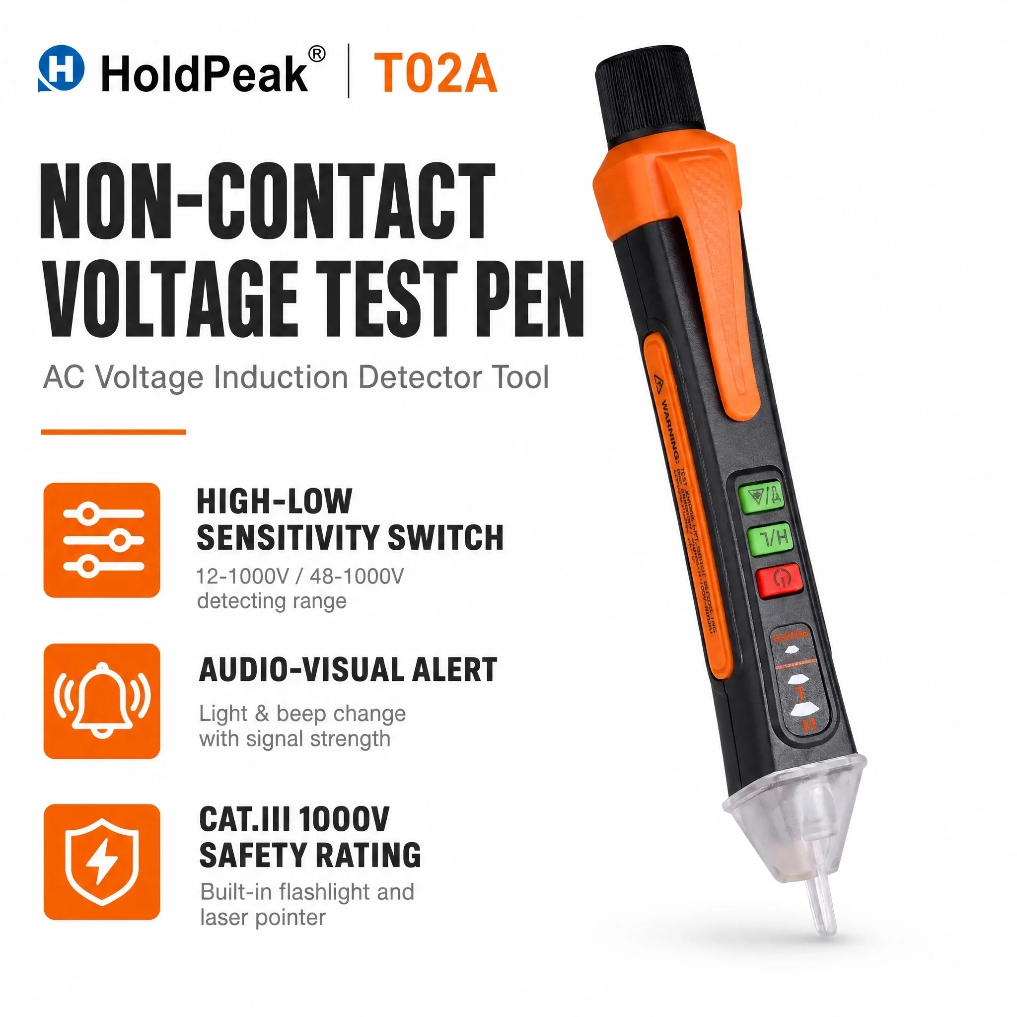 HoldPeak Non-Contact Voltage Tester Pen High/Low Sensitivity Laser Flashlight Audible/Visual Alarm 12-1000V CAT III 1000V CE
