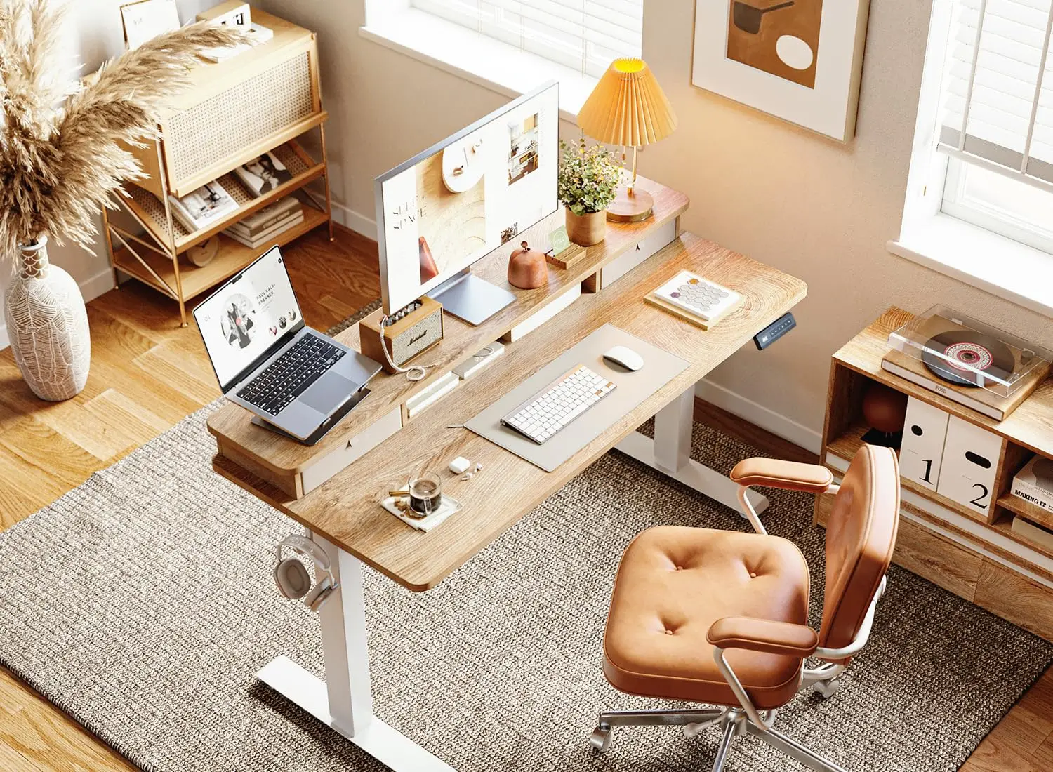 48 x 24 Inch Electric Height Adjustable Standing Desk with Double Drawers, 4 Adjustable Feet & 2 Hooks, Home Office, Customized