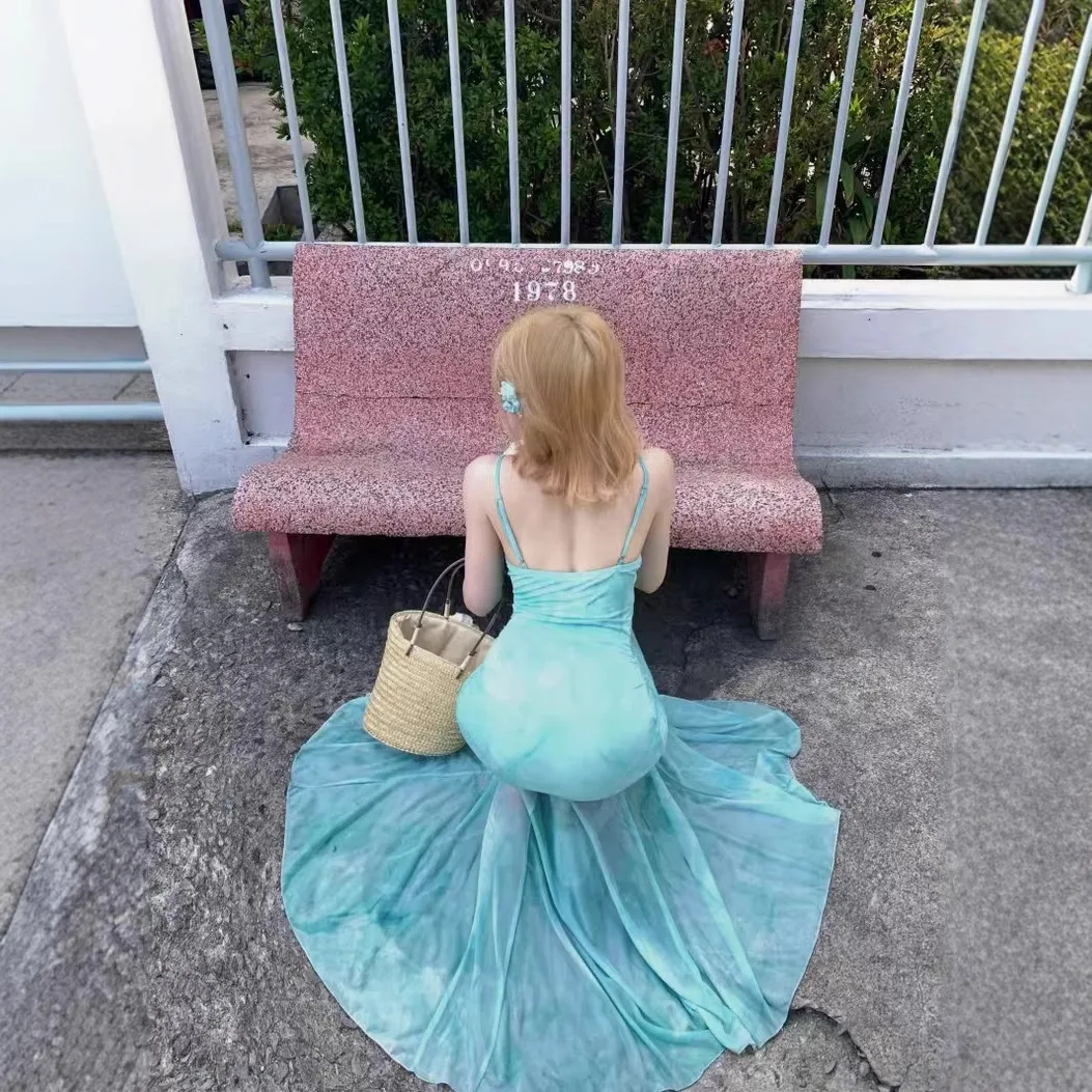 "Zeyla 2025 ฤดูร้อนผู้หญิงชุดลูกไม้ Trim Strappy เอว Tie Mermaid Tulle ชุดวันหยุดใหม่ Slim Bodycon Beach วันที่ชุดยาว"