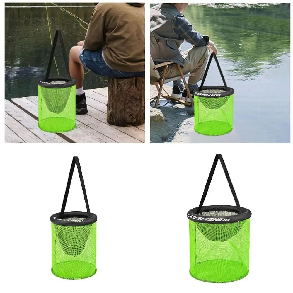 Robuster, faltbarer Angelkorb aus Netzstoff mit Kordelzugverschluss, Köderbehälter, runder schwimmender Korb, 25/35 cm, kreisförmiges Netz für lebende Fische – Detail 4