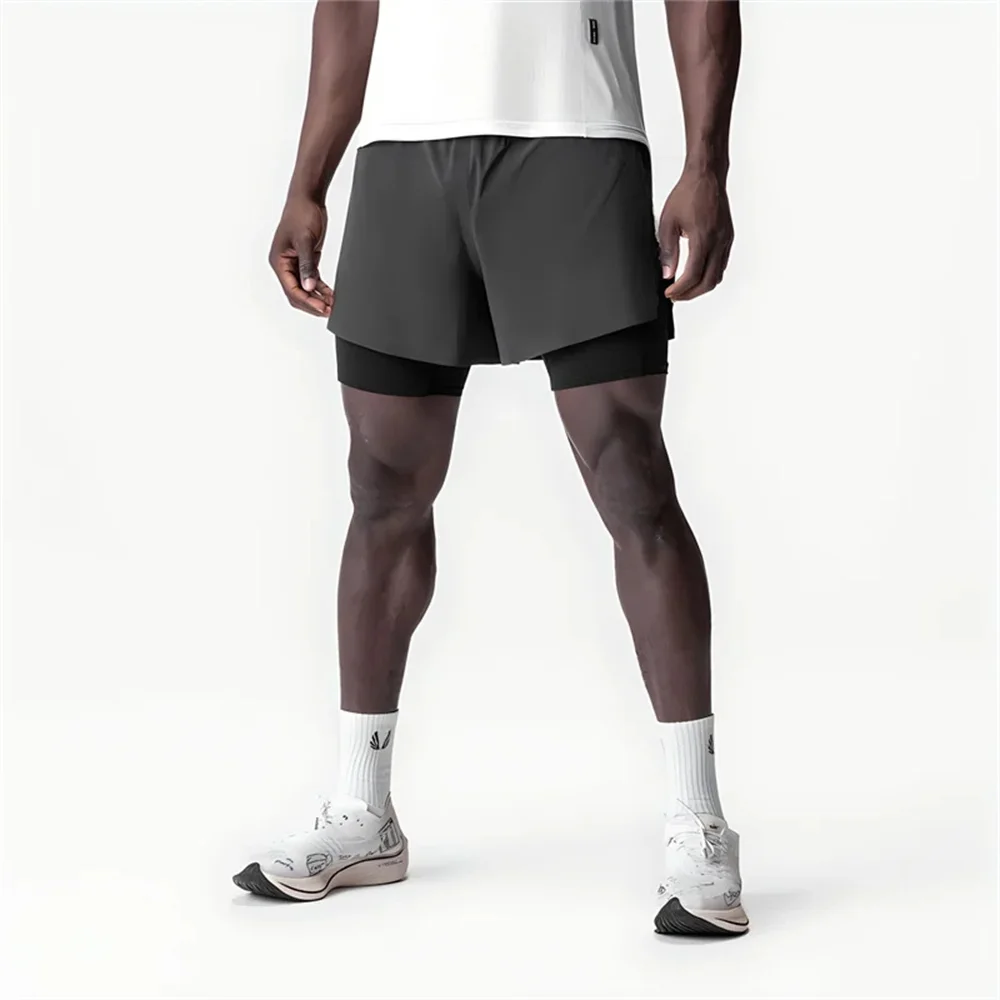 Mens Summer Quick Dry Breathable Sports Double-layer 2 in 1 Compression Shorts Man Running Gym Fitness Casual Jogger Short Pants