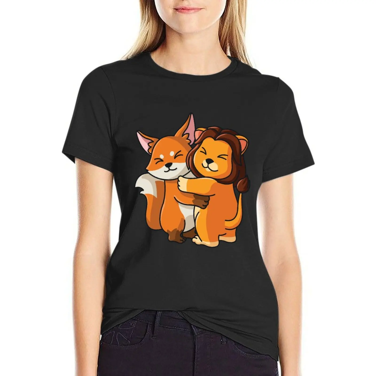 

Fox and Lion cute Hug Cuddle Animals T-shirt aesthetic clothes Short sleeve tee western t-shirt dress for Women