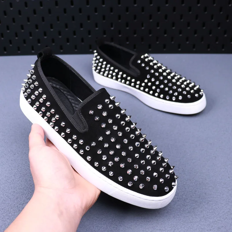 

mens fashioin rivets shoes slip-on cow suede leather studded shoe punk hip hop dress black flats spikes loafers mans footwear