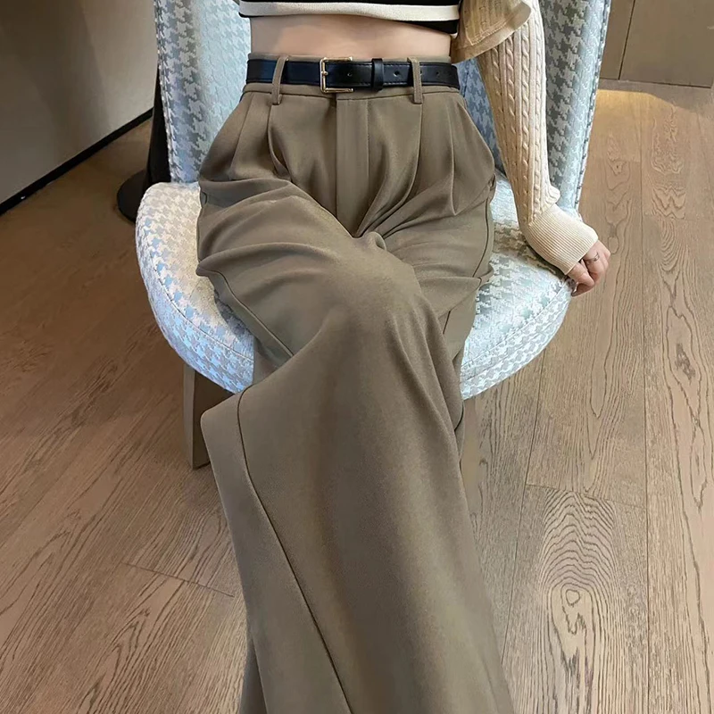 High Waist Suit Wide Leg Women\'s Full Pants with Belted 2024 New Spring Summer Female Elegant Minimalism Straight Loose Trousers