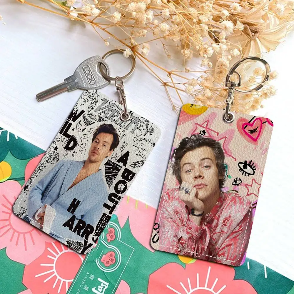 Famous Pop Singer H-Harry-Styles 1Pc PU Leather Card Holder Keychain Key Ring Door Lock Access Tags ID Card Case Keychain Card