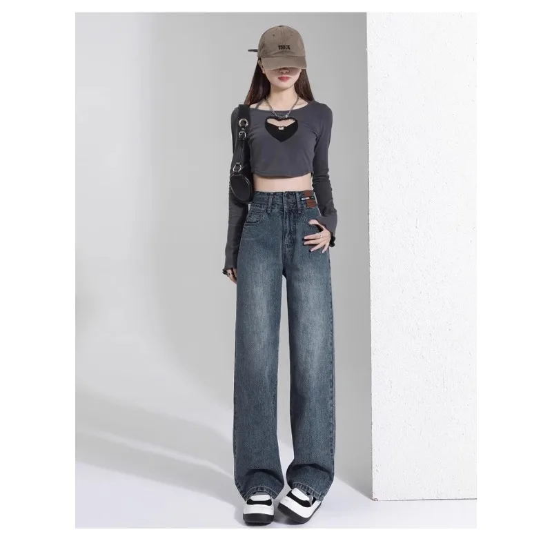 Koreańskie jeansy damskie w stylu vintage z wysokim stanem, proste nogawki, wygodne, wyszczuplające, w stylu Y2K, luźne, rozszerzane w dół, dla figury typu gruszka.