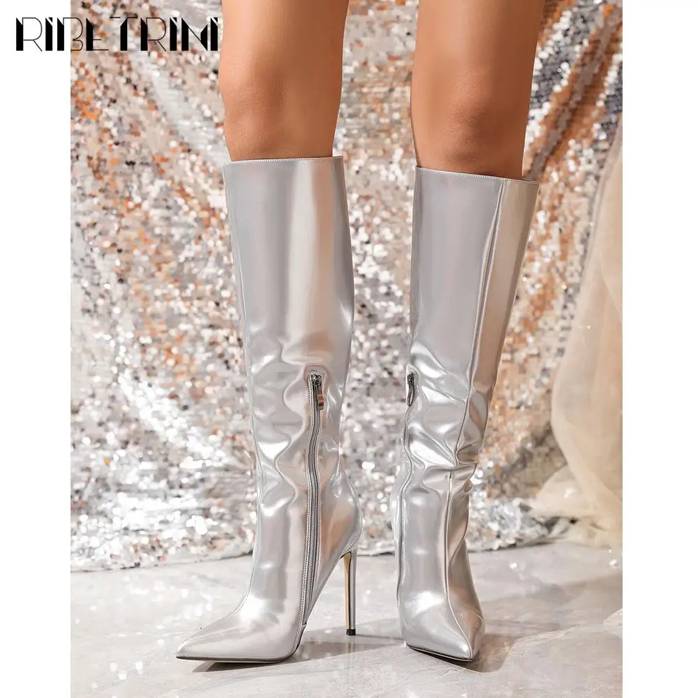 

Stiletto High Heel Boots Women Zipper Pointed Toe Mid Calf Shoes Metallic Silver Elegant Sexy Fashion Designer Lady Luxury Boots