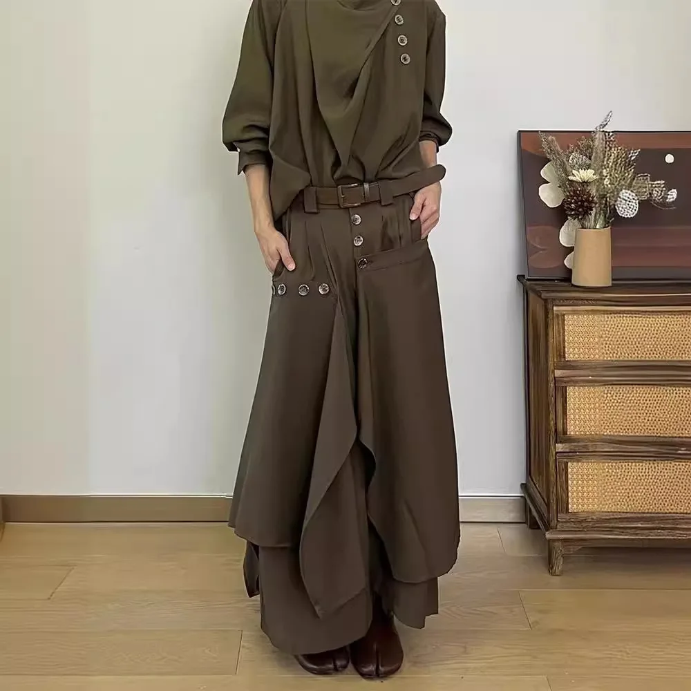 

Unisex Casual Pants 2025 Ancient Chinese Pants Men's Irregular Button Wide Leg Culottes High End Niche Cropped Draped Trousers