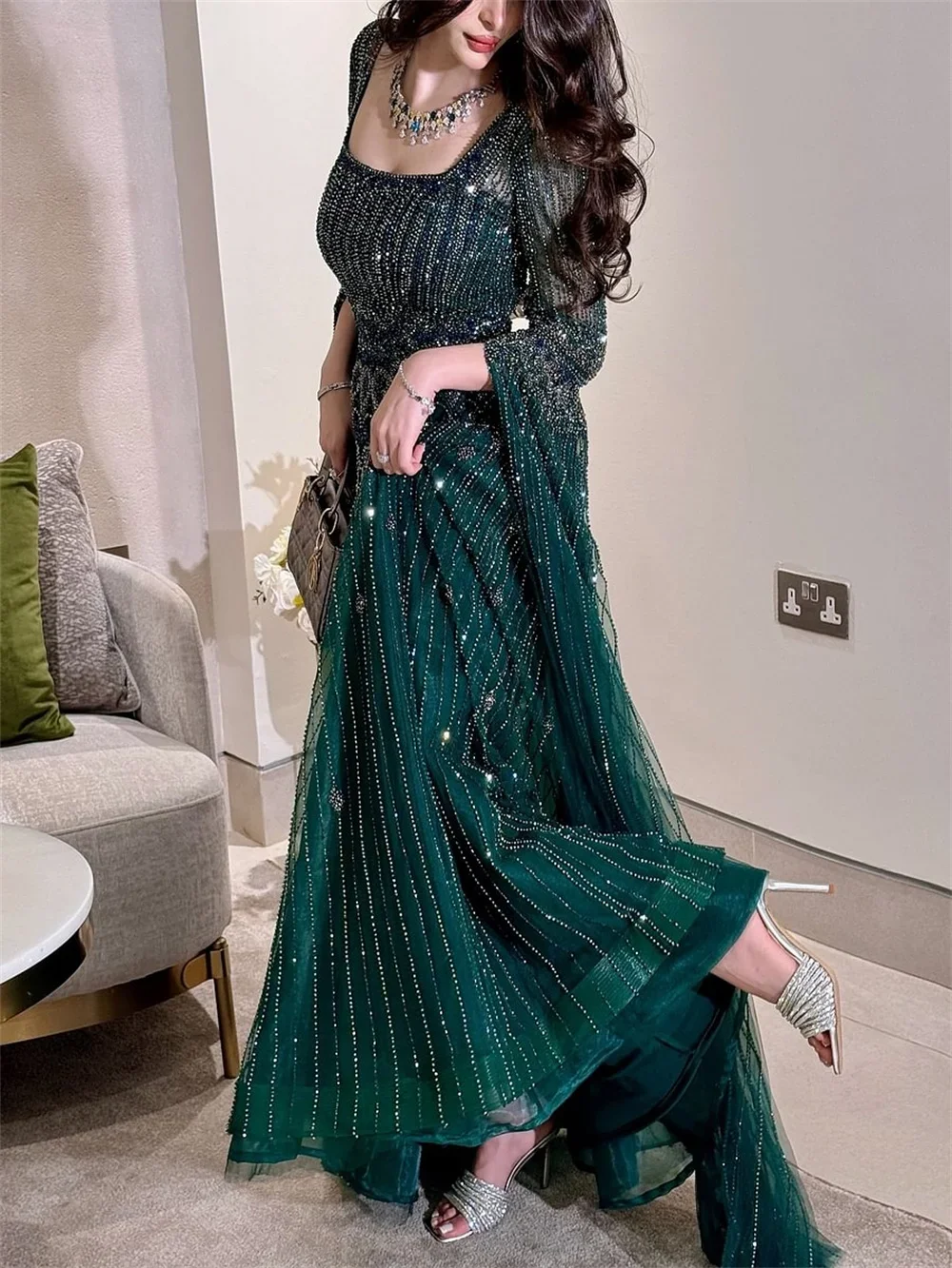 

Изысканные вечерние платья Aunber с квадратным вырезом, бисером и длинными рукавами, А-силуэт, для выпускного вечера и свадебных торжеств