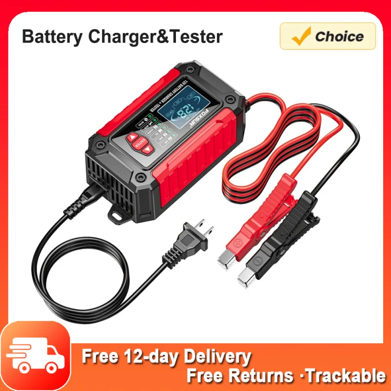 FOXSUR 12V 6-Amp Battery Charger /Tester for Motorcycle Car Battery Charger /Tester Support Car Battery Health Check and Repair