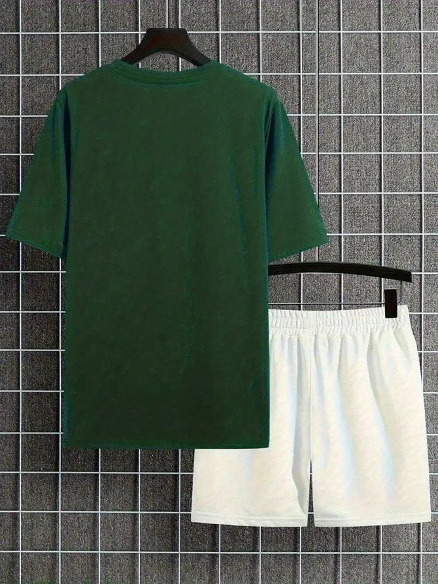 

Mens Dark Green T-Shirt And White Shorts Two-Piece Set Casual Summer Outfit