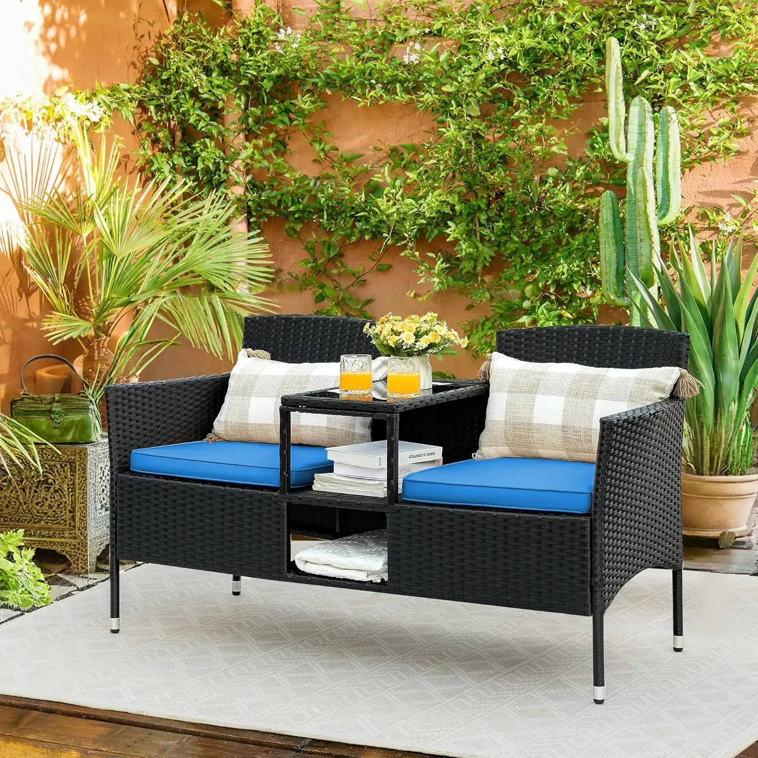 Outdoor Furniture Patio Loveseat Wicker w/ Built-in Table & Cushions Rattan Porch Chairs Bench for Balcony Lawn Backyard