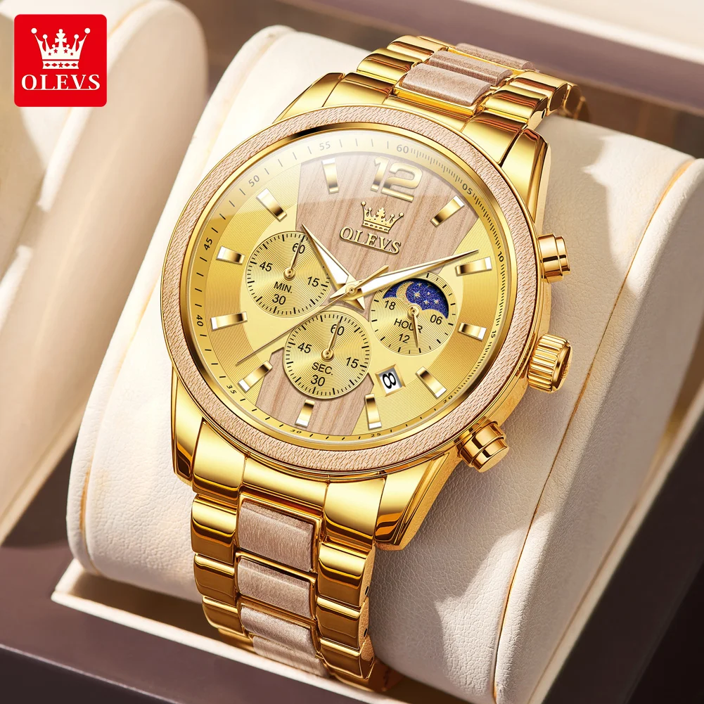 

OLEVS 3645 Mens Watch Top Brand Business Original Quartz Watch Elegant Solid Wood Multifunctional Chronograph Side View Watch
