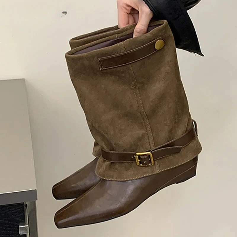 Aneikeh Vintage Ankle Boots Square Toe Low Wedge Heel Buckle Strap Slouchy Pants Boots Western Cowboy Ladies Fashion Booties