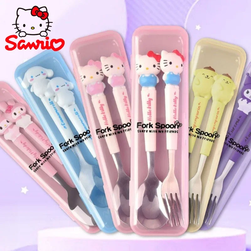 

Sanrio Children Tableware Hello Kitty Melody Kuromi Silicone Handle Tableware Two-piece Set Cinnamoroll Fork Spoon Kids Gifts