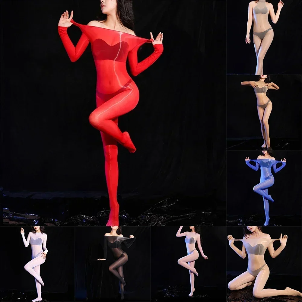 Men Sexy Tight Stockings Full Body Oil Shiny Sheer Jumpsuit Super Elastic Full Body Stockings Bodysuit Seamless Night Club Wear