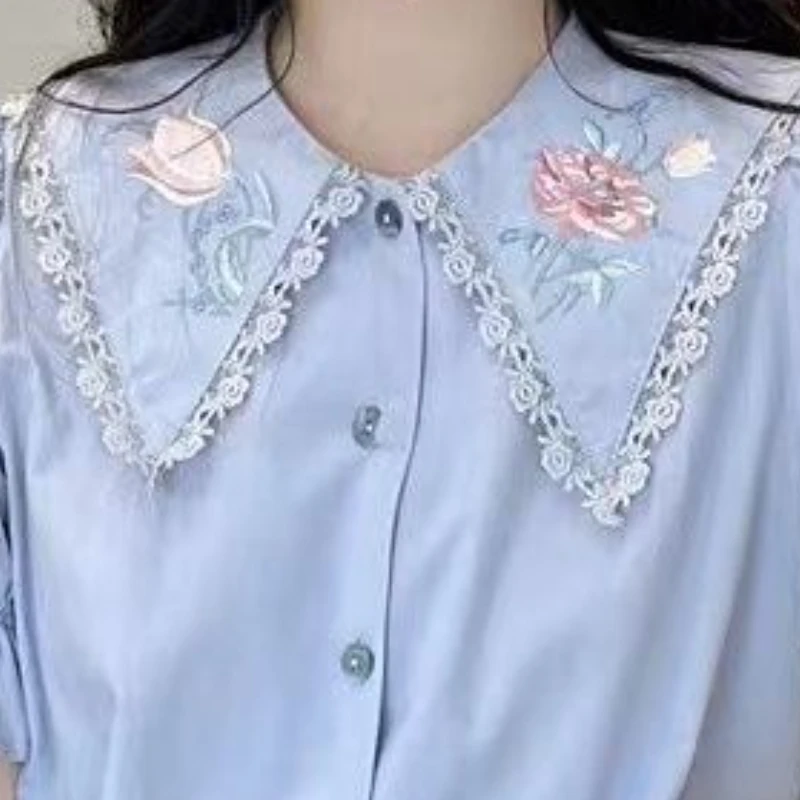 Peter Pan Collar Shirts Women Flower Embroidery Chic Sweet French Style Vintage Puff Sleeve Ins Loose All-match Fashion Ulzzang