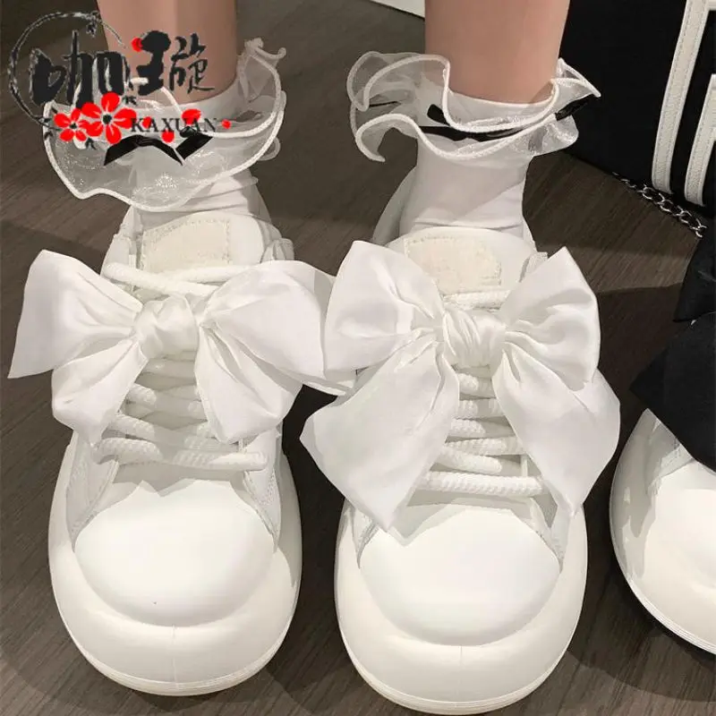 Kawaii Bow White Sneakers for Women Platform Sports Shoes Tennis Female Flats Spring Summer 2024 Vintage Cute Korean Fashion